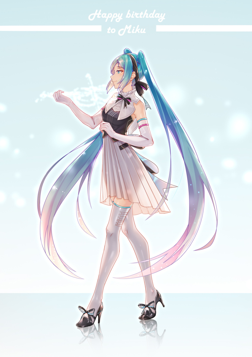 1girl absurdly_long_hair anniversary aqua_eyes aqua_hair artist_name artist_request back_bow back_ribbon bare_shoulders birthday black_bow black_dress black_hairband black_ribbon black_shoes blue_eyes blue_hair blue_ribbon bow bowtie breasts character_name collar detached_sleeves dress eighth_note elbow_gloves female_focus floating_hair footwear_bow frilled_collar frilled_dress frilled_shirt_collar frilled_skirt frills from_side full_body gloves hair_between_eyes hair_ribbon hairband half-closed_eyes happy_birthday hatsune_miku high_collar high_heels highres long_hair long_sleeves long_twintails looking_at_viewer miku_symphony_(vocaloid) miniskirt multicolored_hair musical_note neck_ribbon parted_lips plaid_clothes plaid_dress plaid_skirt pleated pleated_dress pleated_skirt ribbon see-through_silhouette shoes short_dress skirt sleeveless sleeveless_dress smile solo standing striped_bow thighhighs twintails two-tone_dress very_long_hair vocaloid walking white_collar white_dress white_gloves white_skirt white_sleeves white_thighhighs zuiai_gongzhu_dianxia