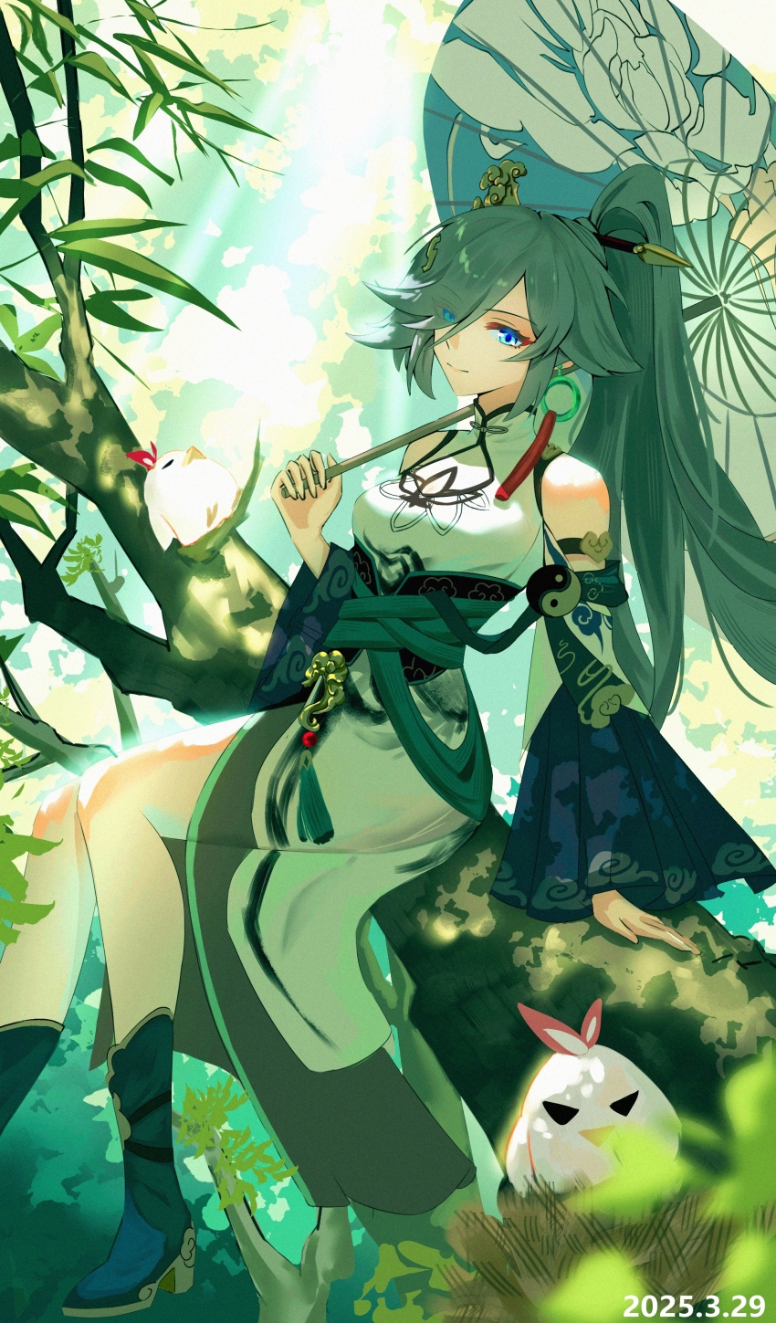 1girl absurdres bamboo blue_eyes china_dress chinese_clothes chinese_commentary cleavage_cutout closed_mouth clothing_cutout commentary_request dated dress earrings fu_hua fu_hua_(azure_empyrea) green_shoes green_sleeves grey_hair hair_ornament hair_stick he_jiu high_ponytail highres holding holding_umbrella honkai_(series) honkai_impact_3rd jewelry jingwei_(bird) long_hair on_branch parasol partial_commentary ponytail qingming_festival shoes sitting sitting_on_branch smile solar_term solo umbrella very_long_hair white_dress