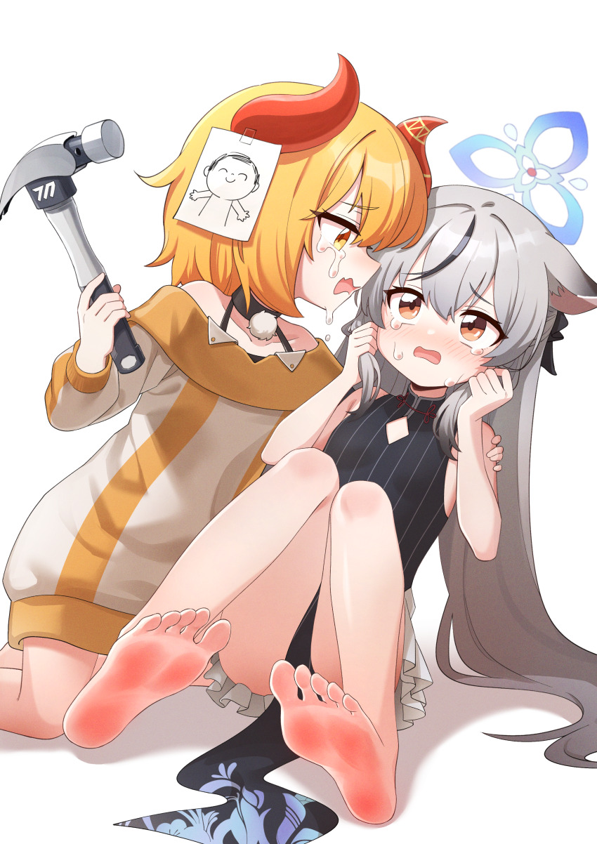 2girls absurdres ass barefoot black_dress black_hair blonde_hair blue_archive blue_halo blush crying crying_with_eyes_open doodle_sensei_(blue_archive) dress female_sensei_(blue_archive) golmonggu grey_hair halo hammer highres holding holding_hammer horns kokona_(blue_archive) long_hair long_sleeves multicolored_hair multiple_girls off_shoulder open_mouth orange_eyes red_horns sensei_(blue_archive) short_hair simple_background sleeveless sleeveless_dress soles streaked_hair striped_clothes striped_dress tears textless_version tight_clothes toes vertical-striped_clothes vertical-striped_dress white_background yellow_eyes