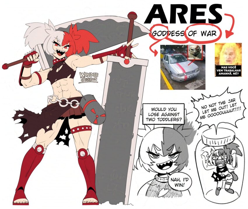 1girl abs ares_(mythology) arm_guards armlet arrow_(symbol) asymmetrical_dual_wielding bare_shoulders big_hair boots breasts brown_skirt car chain character_name cleavage cleavage_cutout clothing_cutout collar crop_top dual_wielding english_text fingerless_gloves full_body genderswap genderswap_(mtf) gloves greatsword greek_mythology holding holding_sword holding_weapon huge_weapon in_container in_jar jar jewelry knee_boots kratos_(god_of_war) looking_at_viewer meme mini_person minigirl motor_vehicle multicolored_hair multiple_views muscular muscular_female nah_i&#039;d_win_(meme) nuclear_weapon open_mouth original over_shoulder photo_inset red_arrow_and_circle_(meme) red_boots red_circle red_collar red_eyes red_gloves red_hair sharp_teeth skirt sleeveless small_breasts smile speech_bubble spiked_knuckles split-color_hair standing sword sword_over_shoulder teeth thick_thighs thighlet thighs torn_clothes torn_skirt trapped twintails two-tone_hair upper_teeth_only wanderjegson weapon weapon_over_shoulder white_hair wrist_guards