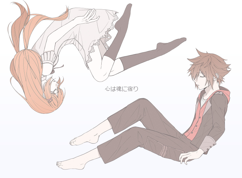 1boy 1girl absurdres barefoot black_jacket black_thighhighs brown_hair closed_eyes dress floating gongju_s2 highres hood hooded_jacket jacket kingdom_hearts kingdom_hearts_x korean_text long_hair no_shoes orange_hair pants red_hood shirt short_hair simple_background sora_(kingdom_hearts) spiked_hair strelitzia_(kingdom_hearts) thighhighs white_background white_dress white_shirt