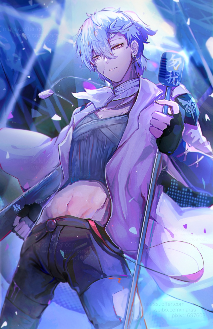 1boy absurdres alternate_costume highres idol looking_at_viewer male_focus niarss official_alternate_costume punishing:_gray_raven solo spotlight stage stage_lights wanshi_(pgr)