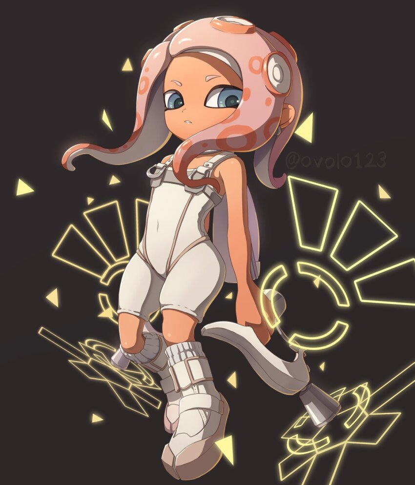 1girl agent_8_(splatoon) blue_eyes bodysuit highres ink_tank_(splatoon) long_hair nintendo octoling_girl octoling_player_character order_dualies_(splatoon) ovolo123 pink_hair shoes shorts sleeveless sleeveless_bodysuit socks solo splatoon_(series) splatoon_3 splatoon_3:_side_order suction_cups tentacle_hair weapon white_bodysuit white_shoes white_shorts white_socks