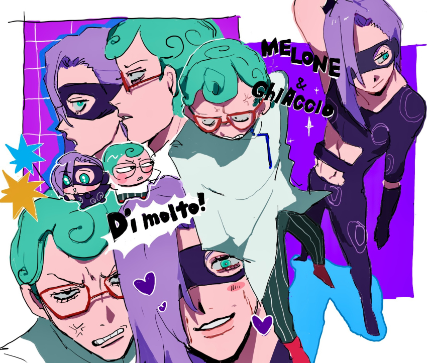 2boys anger_vein angry arm_up behind_another black_eyes blush bodysuit character_request chibi chibi_inset coat curly_hair domino_mask drop_shadow eyelashes ghiaccio glasses gloves green_eyes green_hair green_pants grimace hair_over_one_eye hands_in_pockets heart highres italian_text jojo_no_kimyou_na_bouken lab_coat long_coat looking_at_another looking_at_viewer looking_to_the_side male_focus mask matubaru_chan medium_hair melone multiple_boys multiple_views oekaki pants purple_background purple_bodysuit purple_gloves purple_hair purple_mask red-framed_eyewear short_hair sketch smile speech_bubble striped_clothes striped_pants vento_aureo vertical-striped_clothes vertical-striped_pants white_coat