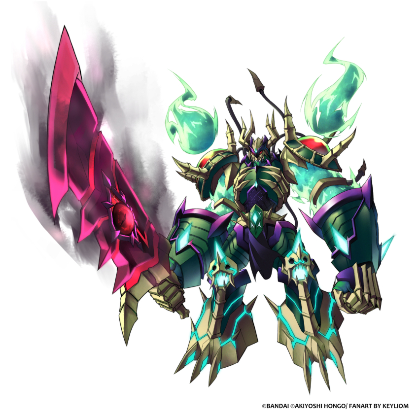 adapted_costume colored_skin digimon digimon_(creature) fire full_body green_fire green_skin highres holding holding_sword holding_weapon keyliom red_eyes simple_background sword titamon weapon white_background