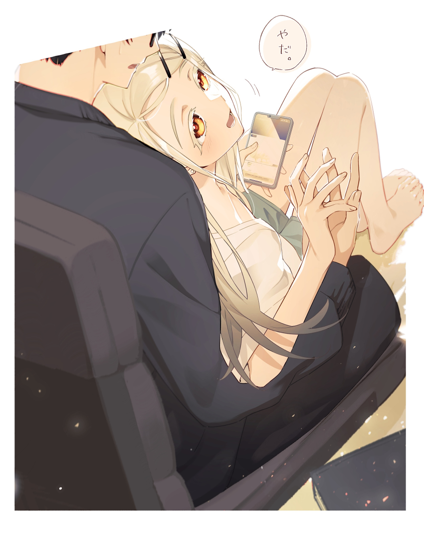 1boy 1girl absurdres bare_legs barefoot black_suit blonde_hair blush cellphone cellphone_photo colored_eyelashes commentary_request formal_clothes gakuen_idolmaster hand_on_hand hetero highres holding holding_phone idolmaster knees_up orange_eyes phone producer_(idolmaster) shinosawa_hiro shirt sitting sitting_on_person smile speech_bubble suit tamago_sando translation_request white_shirt