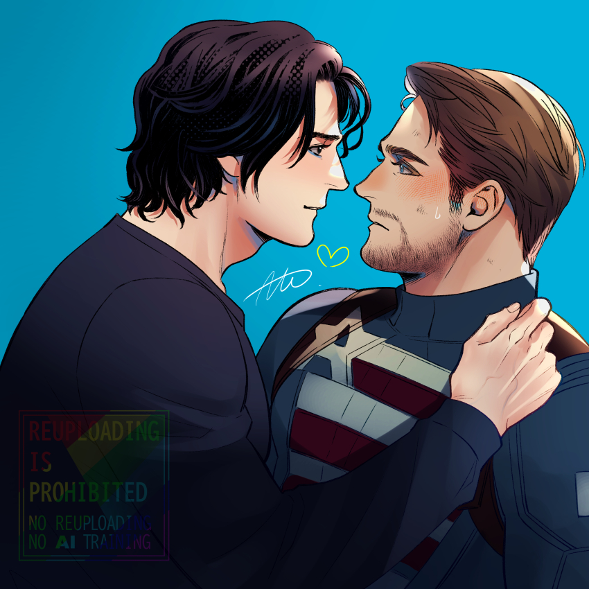 2boys absurdres animification beard black_eyes black_hair black_shirt blue_background blue_bodysuit blush bodysuit brown_hair closed_mouth commentary_request facial_hair heart highres john_walker_(marvel) long_sleeves looking_at_another male_focus marvel marvel_cinematic_universe multiple_boys puffy_long_sleeves puffy_sleeves sentry_(marvel) sherlock7akane shirt short_hair signature simple_background star_(symbol) striped_bodysuit superhero_costume sweatdrop thunderbolts_(movie) upper_body watermark yaoi