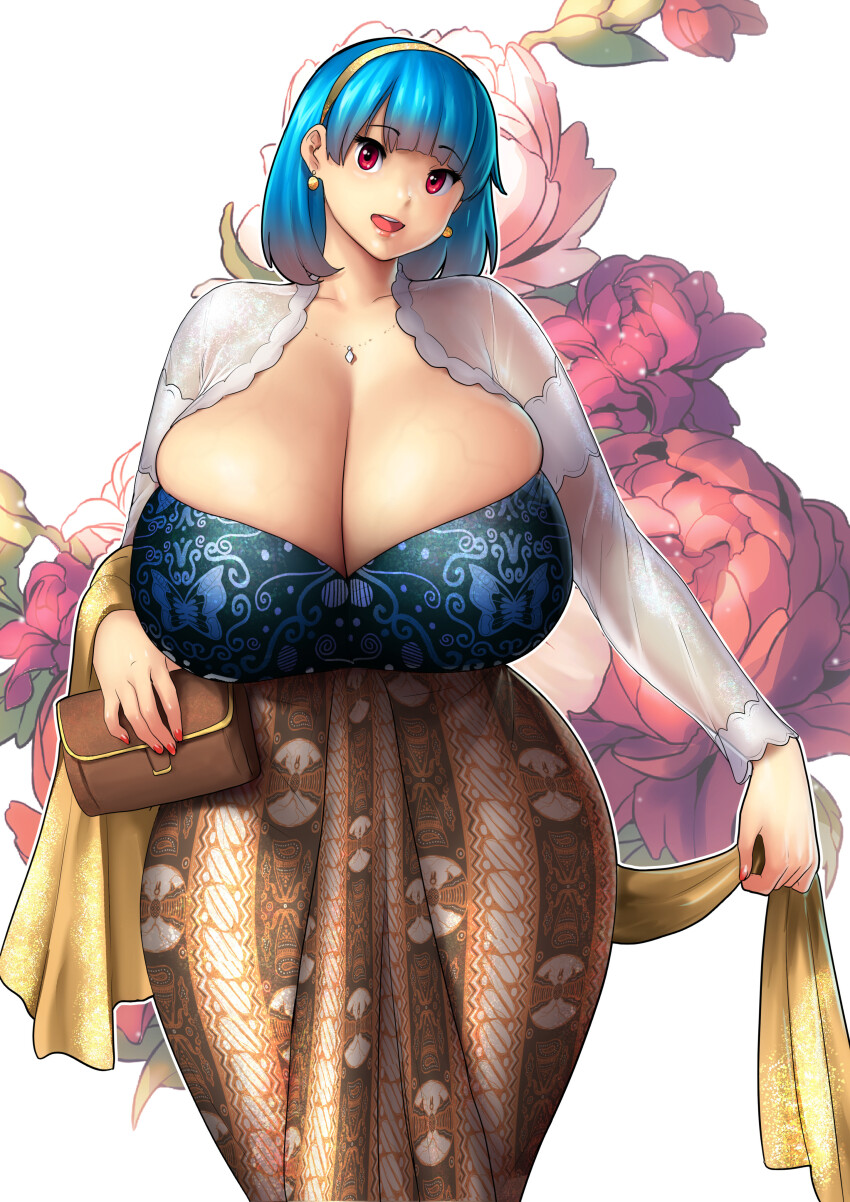 1girl absurdres bag blue_hair blunt_bangs breasts brown_bag bursting_breasts cleavage cowboy_shot earrings erkaz floral_background hairband handbag highres huge_breasts jewelry medium_hair necklace open_mouth original outline print_skirt red_eyes red_nails rina_atherina skindentation skirt smile solo standing thick_thighs thighs veins veiny_breasts white_outline white_sleeves yellow_hairband