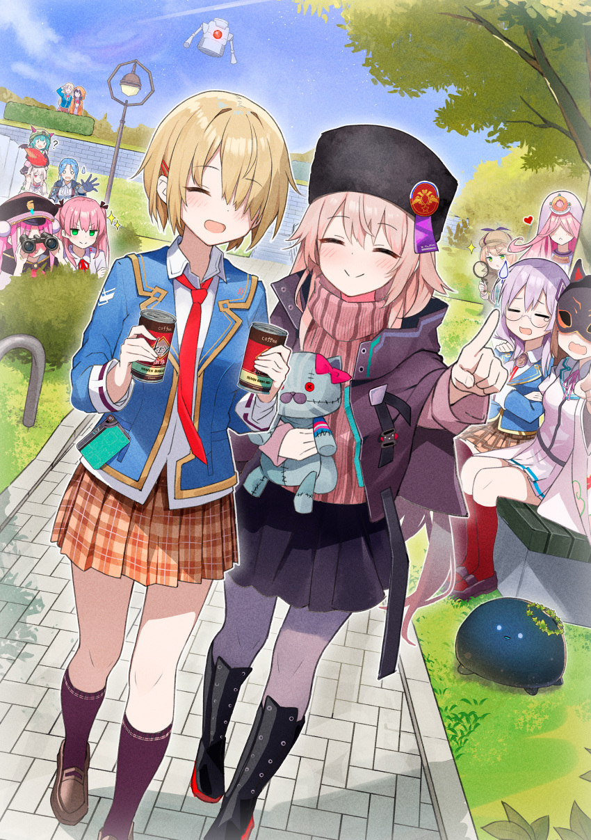 6+girls absurdres aikawa_megumi asakura_karen_(heaven_burns_red) blonde_hair brown_hair bungo_yayoi can charlotta_skopovskaya drink_can fox_mask hanamura_shiki heaven_burns_red highres holding holding_can irene_redmayne izumi_yuki_(heaven_burns_red) kayamori_ruka kiryuu_miya kunimi_tama long_hair mask multiple_girls narby_(heaven_burns_red) orange_hair pantyhose purple_hair rinki_oohen sakuraba_seira short_hair skirt toujou_tsukasa yamawaki_bon_ivar
