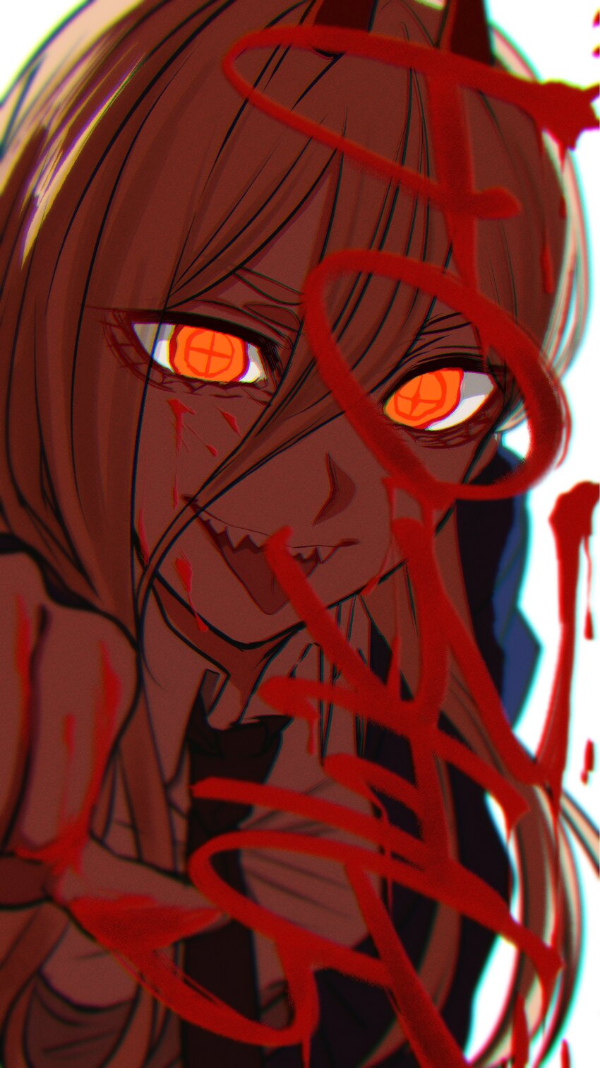 1girl absurdres black_necktie blood blood_on_face blood_on_hands blood_writing blue_jacket brown_hair chainsaw_man character_name collared_shirt cross-shaped_pupils hair_between_eyes haru_rice highres horns jacket long_hair looking_at_viewer necktie open_mouth orange_eyes power_(chainsaw_man) red_horns sharp_teeth shirt simple_background solo symbol-shaped_pupils teeth tongue tongue_out white_background