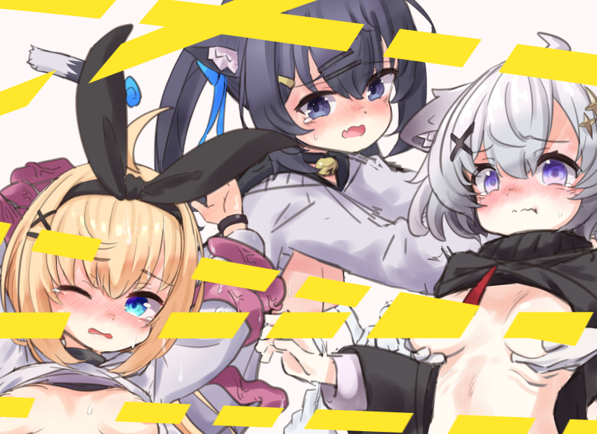 3girls ahoge animal_ear_fluff animal_ears arms_up ash_(vrchat) bar_censor bell black_cardigan black_eyes black_hair black_hairband black_hoodie black_ribbon black_sweater blonde_hair blue_eyes blue_ribbon blush breasts cardigan cat_ears cat_girl cat_tail censored censored_nipples closed_mouth clothes_lift crying crying_with_eyes_open disembodied_hand fang gloves grabbing_another&#039;s_breast grey_hair grey_shirt grey_sweater groping hair_between_eyes hair_ornament hair_ribbon hairband hairclip highres hood hood_down hoodie hoodie_lift jingle_bell lifting_another&#039;s_clothes long_hair long_sleeves looking_at_viewer medium_breasts multiple_girls neck_bell no_bra nose_blush one_eye_closed open_cardigan open_clothes open_mouth purple_eyes rearalice_(vrchat) restrained ribbon sailor_collar sephira_(vrchat) shirt shirt_lift short_hair simple_background skin_fang small_breasts star_(symbol) star_hair_ornament sweat sweater sweater_lift t_monak tail tail_bell tail_ornament tearing_up tears tentacles tickling trembling twintails upper_body vrchat wavy_mouth white_background white_gloves white_hoodie white_shirt white_sweater wince x_hair_ornament