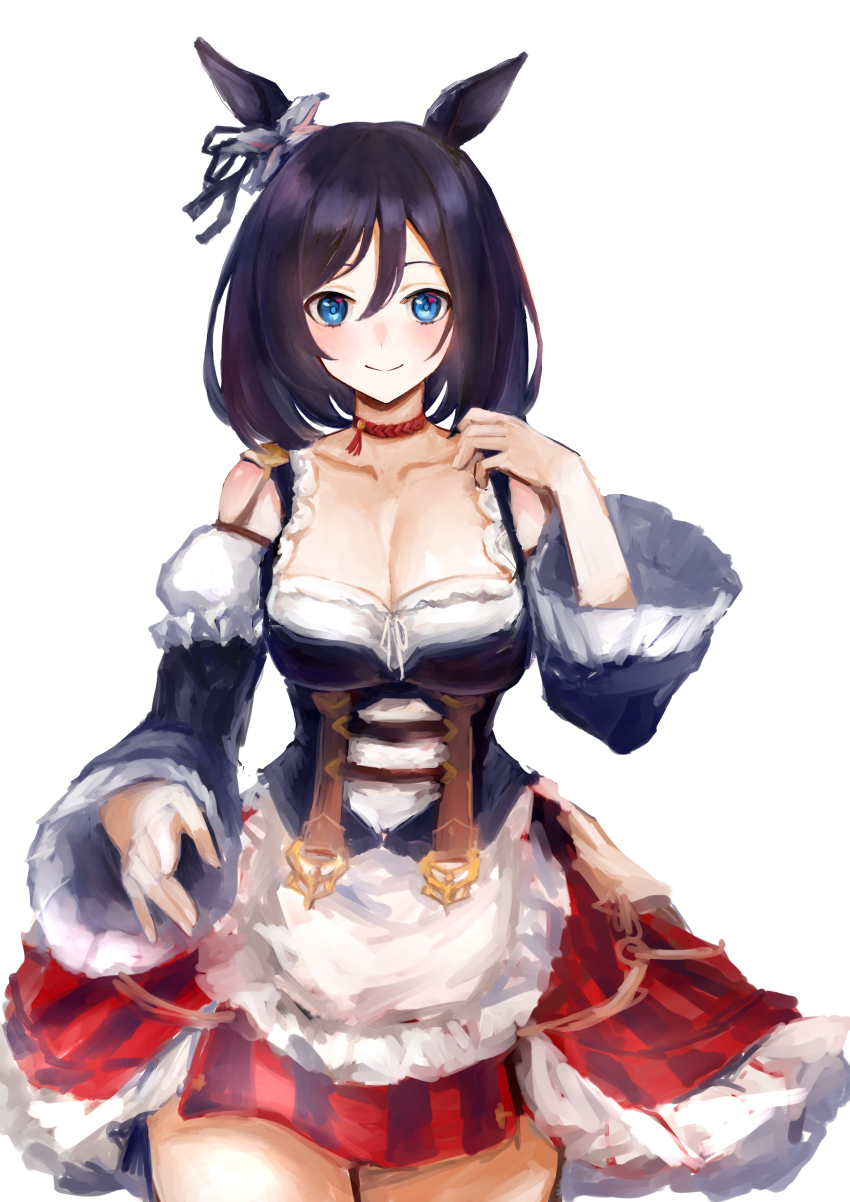 1girl absurdres animal_ears apron bare_shoulders black_hair blue_eyes blush breasts choker cleavage closed_mouth commentary_request detached_sleeves ear_ornament ear_scrunchie eishin_flash_(umamusume) german_clothes hair_between_eyes highres horse_ears horse_girl large_breasts looking_at_viewer medium_hair okitsuma red_choker red_skirt shirt simple_background skirt smile solo striped_clothes striped_skirt umamusume vertical-striped_clothes vertical-striped_skirt waist_apron white_apron white_background white_shirt