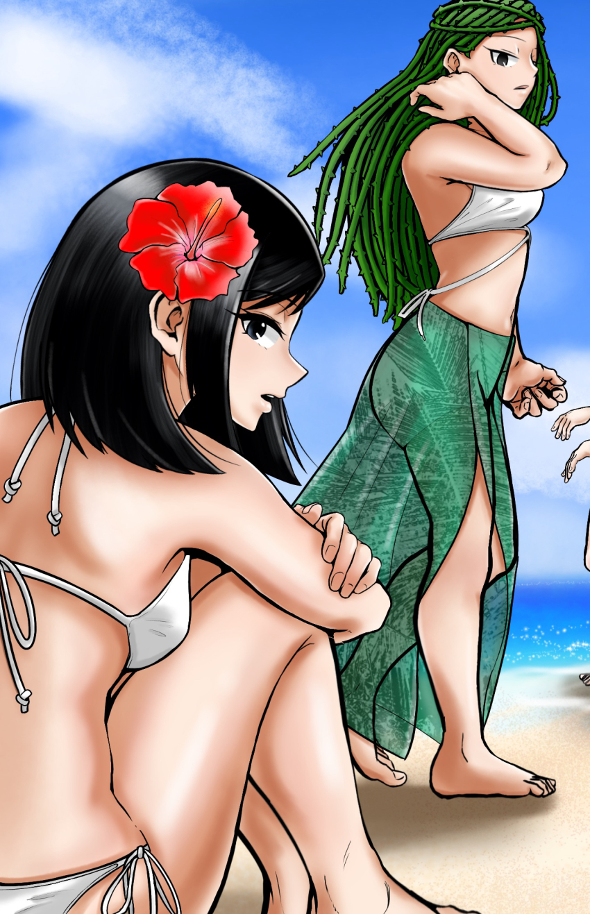 3girls arm_at_side armpits artist_request ass back back-tie_bikini backboob barefoot beach bikini black_eyes black_hair boku_no_hero_academia breasts clenched_hands collarbone day expressionless eyelashes feet female_focus fingernails flower flower_on_head from_behind from_side full_body ghost_pose green_hair groin hand_up highres hugging_own_legs knees_to_chest kodai_yui legs long_hair looking_at_viewer looking_back medium_breasts medium_hair midriff multiple_girls navel neck ocean outdoors parted_bangs parted_lips profile sarong serious shiny_clothes shiny_skin shiozaki_ibara shoulder_blades side-tie_bikini_bottom sideboob sidelocks sitting sky summer swimsuit thighs toenails toes turning_head white_bikini yanagi_reiko