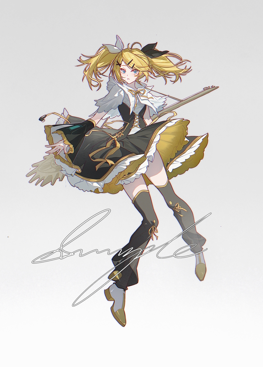 1girl absurdres black_ribbon blonde_hair blue_eyes cloudyman commentary commission detached_pants detached_sleeves dress full_body gradient_background hair_ornament hair_ribbon hairclip highres kagamine_rin kagamine_rin_(reactor) looking_at_viewer neck_ribbon parallel_hairclips parted_lips procreate_(medium) ribbon roshin_yuukai_(vocaloid) sample_watermark simple_background solo thighhighs twintails vocaloid watermark white_ribbon yellow_ribbon zettai_ryouiki