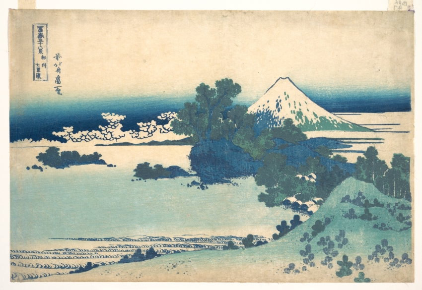 19th_century beach blue_sky border cloud fine_art_parody gradient_sky highres hill hokusai japan japanese_text landscape mount_fuji mountain nihonga no_humans ocean original outdoors parody scenery sky thirty-six_views_of_mount_fuji traditional_media tree ukiyo-e volcano water waves white_border