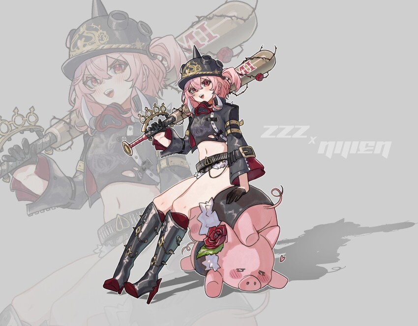 1girl :d absurdres baseball_bat bealouis_illu black_jacket black_shirt blush boots breasts combat_helmet commentary copyright_name cosplay english_commentary fur-trimmed_shorts fur_trim gloves grey_background hair_between_eyes half_gloves heart helmet high_heel_boots high_heels highres holding holding_baseball_bat jacket luciana_de_montefio luciana_de_montefio_(cosplay) mask midriff mouth_mask navel nijisanji nijisanji_en open_mouth pickelhaube pig pig_mask pink_hair red_eyes rosebud_(rosemi_lovelock) rosemi_lovelock shirt short_shorts shorts side_ponytail sitting_on_animal small_breasts smile torn_clothes torn_shirt torn_shorts unworn_mask virtual_youtuber zenless_zone_zero zoom_layer