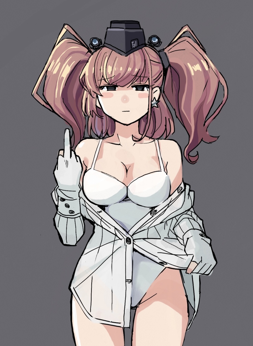 1girl atlanta_(kancolle) black_hat blush_stickers breasts brown_hair buttons cleavage closed_mouth collarbone cowboy_shot earrings empty_eyes garrison_cap gloves grey_background grey_eyes groin hat highres jewelry kantai_collection large_breasts long_hair middle_finger mizoki_kei one-piece_swimsuit partially_fingerless_gloves shirt simple_background single_earring solo star_(symbol) star_earrings swimsuit swimsuit_under_clothes two_side_up white_gloves white_one-piece_swimsuit white_shirt
