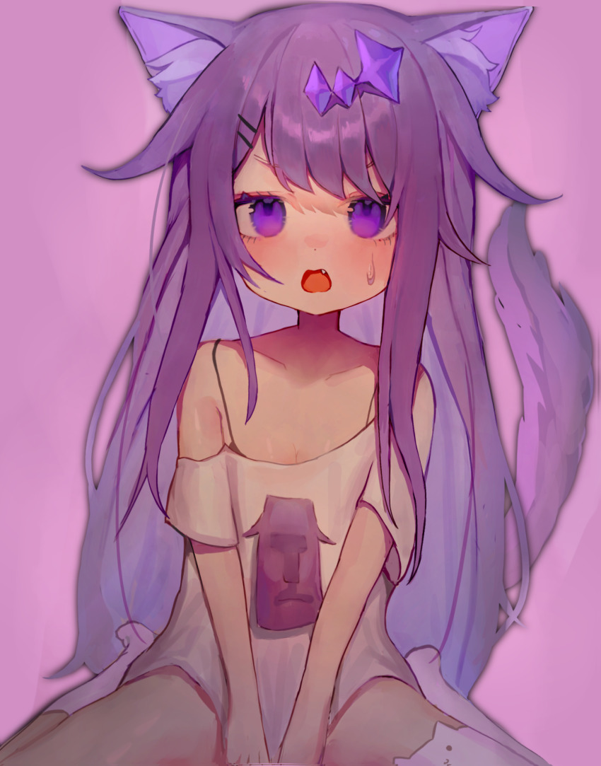 1girl animal_ears asymmetrical_legwear blush cat_ears hair_flaps hair_ornament highres hololive hololive_english kemonomimi_mode koseki_bijou long_hair looking_at_viewer moai off_shoulder open_mouth oversized_clothes oversized_shirt pink_background purple_eyes purple_hair shirt simple_background socks solo sweatdrop szuukie t-shirt tail thighhighs very_long_hair virtual_youtuber