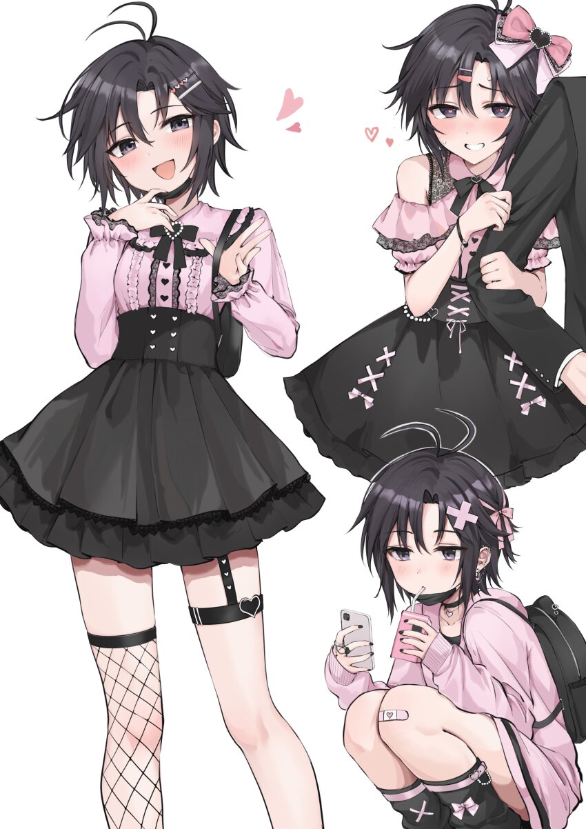 1boy 1girl absurdres aburi-gatana antenna_hair backpack bag bandaid bandaid_on_knee bandaid_on_leg black_bag black_choker black_eyes black_hair black_skirt blush bow cellphone choker drinking earrings grin hair_between_eyes hair_bow hair_ornament hairclip heart heart-shaped_pupils hetero high-waist_skirt highres holding holding_another&#039;s_arm holding_phone idolmaster idolmaster_(classic) jewelry jirai_kei kikuchi_makoto long_sleeves looking_at_viewer mask mask_pull mouth_mask multiple_views open_mouth phone pink_bow pink_shirt shirt short_hair simple_background single_fishnet_legwear single_thighhigh skirt smartphone smile squatting standing symbol-shaped_pupils thigh_strap thighhighs white_background