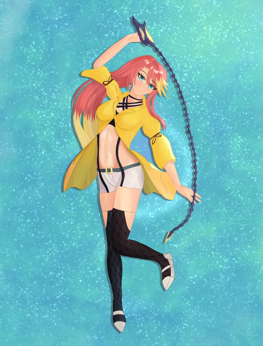 1girl absurdres blue_eyes breasts commentary eiyuu_densetsu english_commentary fishnet_thighhighs fishnets full_body hair_between_eyes highres holding holding_weapon holding_whip kuro_no_kiseki_(series) large_breasts looking_at_viewer mary_janes multicolored_hair navel open_clothes open_shirt parted_bangs pink_hair ponytail shoes sidelocks simple_background smile solo streaked_hair syndagate thighhighs two-tone_hair weapon whip