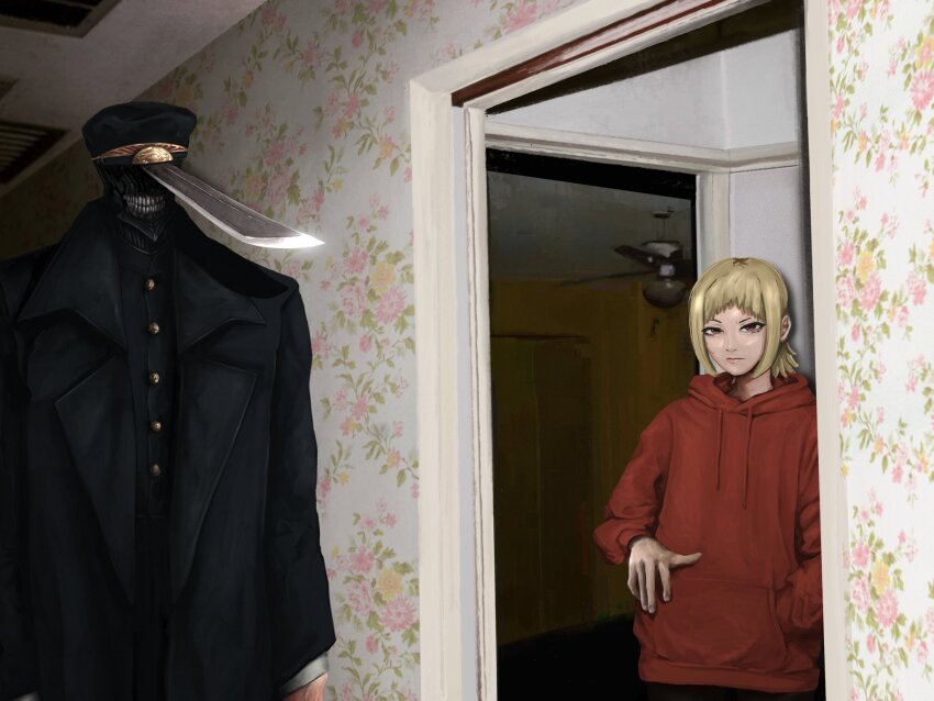 1boy 1girl black_coat black_shirt blonde_hair ceiling_fan chainsaw_man coat dark doorway facing_viewer hand_in_pocket hat highres hood hoodie hybrid katana katana_man_(chainsaw_man) looking_at_viewer military_hat red_eyes red_hoodie sawatari_akane_(chainsaw_man) shirt short_hair slit_pupils sunzo05 sword trench_coat weapon