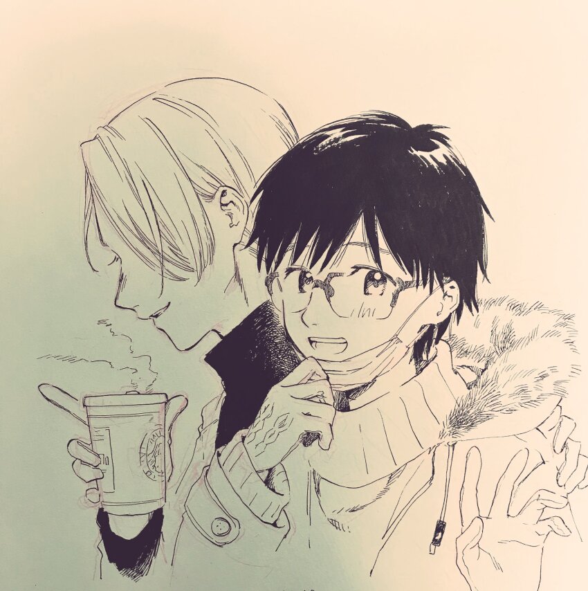 2boys bishounen blush_stickers coat commentary_request cropped_torso cup disposable_cup drink fur-trimmed_hood fur_trim glasses gloves greyscale hair_over_one_eye hand_up highres holding holding_drink hood hood_down hooded_coat katsuki_yuuri long_sleeves looking_at_viewer male_focus mask mask_pull monochrome mouth_mask multiple_boys no+bi= open_clothes open_coat open_mouth photo_(medium) shirt short_hair smile steam sweater teeth thick_eyebrows traditional_media turtleneck turtleneck_shirt turtleneck_sweater viktor_nikiforov waving winter_clothes winter_coat yuri!!!_on_ice