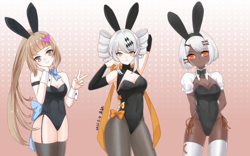 3girls animal_ears asymmetrical_hair back_bow black_arm_warmers black_bow black_bowtie black_leotard black_shrug black_thighhighs blue_bow blue_bowtie bob_cut bow bowtie breasts brown_eyes brown_hair cleavage dark-skinned_female dark_skin dated detached_collar drill_hair grey_hair grey_pantyhose hair_ornament heart heart_hair_ornament karenina:_ember_(pgr) karenina_(pgr) leotard long_hair medium_breasts multiple_girls nanami:_pulse_(pgr) nanami_(pgr) orange_bow orange_eyes pantyhose playboy_bunny ponytail punishing:_gray_raven rabbit_ears shrug_(clothing) sidelocks signature small_breasts smile sophia_(pgr) su_gui thighhighs twin_drills waist_bow white_hair white_shrug white_thighhighs x_hair_ornament