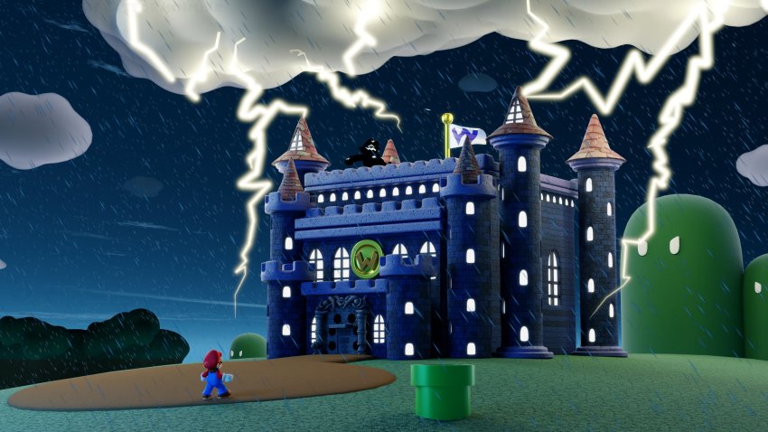 2boys absurdres brown_hair cloud dark_clouds door facial_hair fat fat_man flag flagpole gloves hat highres lightning mario mario_(series) multiple_boys mustache night night_sky nintendo overalls palace rain running sky storm super_mario_land_2 thunder tree wario warp_pipe window