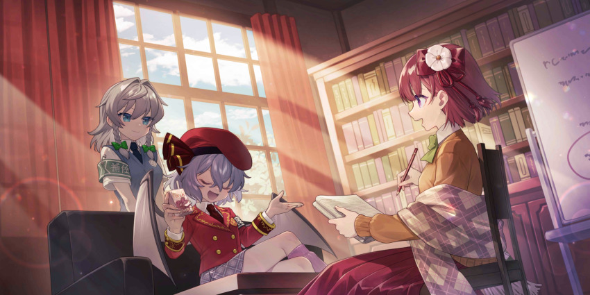 3girls alternate_costume armband bat_wings beret black_necktie blazer blue_eyes book bookshelf bow bowtie braid brown_necktie brown_ribbon buttons chair character_print closed_eyes collared_shirt commentary curtains desk double-breasted drink drinking_straw english_commentary flower food_print fruit_print game_cg gold_buttons gold_wrist_cuffs green_armband green_bow green_bowtie grey_armband grey_hair grey_shirt hair_between_eyes hair_bow hair_flower hair_ornament hat hat_ribbon hieda_no_akyuu hieda_no_akyuu_(academic_chronicle_of_perfect_memory) highres holding holding_drink holding_juice_box holding_notebook holding_pencil indoors izayoi_sakuya izayoi_sakuya_(elegant_scarlet_devil_student_council_member) jacket juice_box leg_warmers library long_hair long_sleeves miniskirt multiple_girls necktie notebook official_art okazaki_yumemi open_mouth pencil purple_eyes purple_hair red_hat red_jacket remilia_scarlet remilia_scarlet_(young_scarlet_devil_student_president) ribbon sacanahen school_uniform shirt short_hair short_sleeves sitting skirt smile strawberry_print sunlight table third-party_source touhou touhou_lostword twin_braids white_leg_warmers white_shirt window wings yellow_jacket