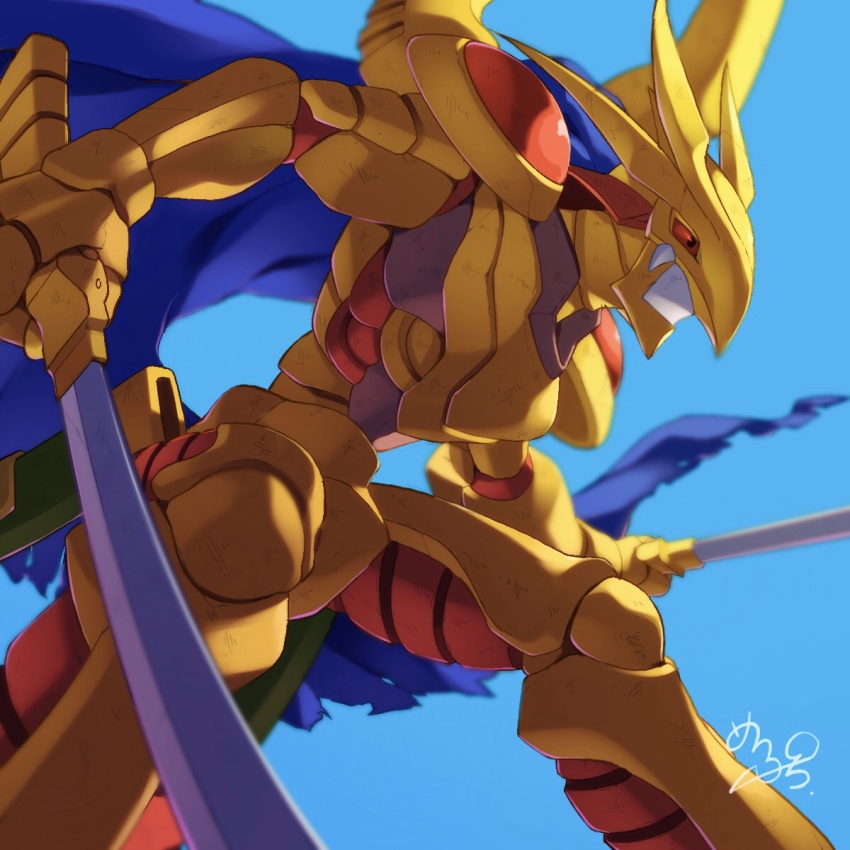 1boy cape digimon dual_wielding grademon highres holding male_focus solo sword weapon