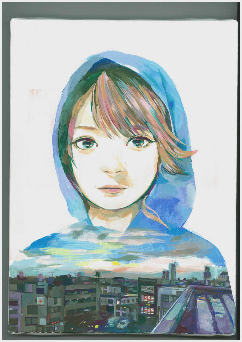 1girl absurdres brown_hair city cityscape expressionless highres hood hood_up hoodie junjunforever looking_to_the_side multicolored_hair original sky solo swept_bangs traditional_media
