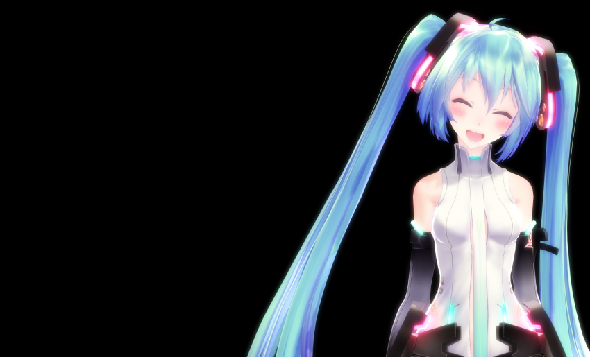 1girl 3d ^_^ aqua_eyes aqua_hair bridal_gauntlets center_opening closed_eyes female_focus hatsune_miku hatsune_miku_(append) highres long_hair necktie open_clothes open_mouth smile solo tda_model_(mikumikudance) thighhighs twintails vocaloid vocaloid_append