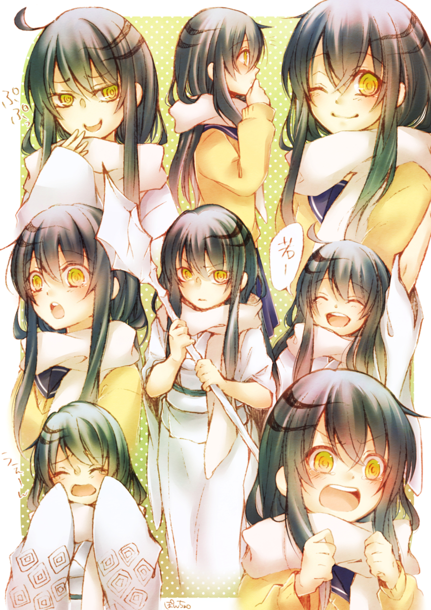 1girl blue_hair crying highres hoshi_no_pon japanese_clothes long_hair multiple_views nurarihyon_no_mago open_mouth scarf school_uniform smile smirk tears yellow_eyes yuki_onna_(nurarihyon_no_mago)