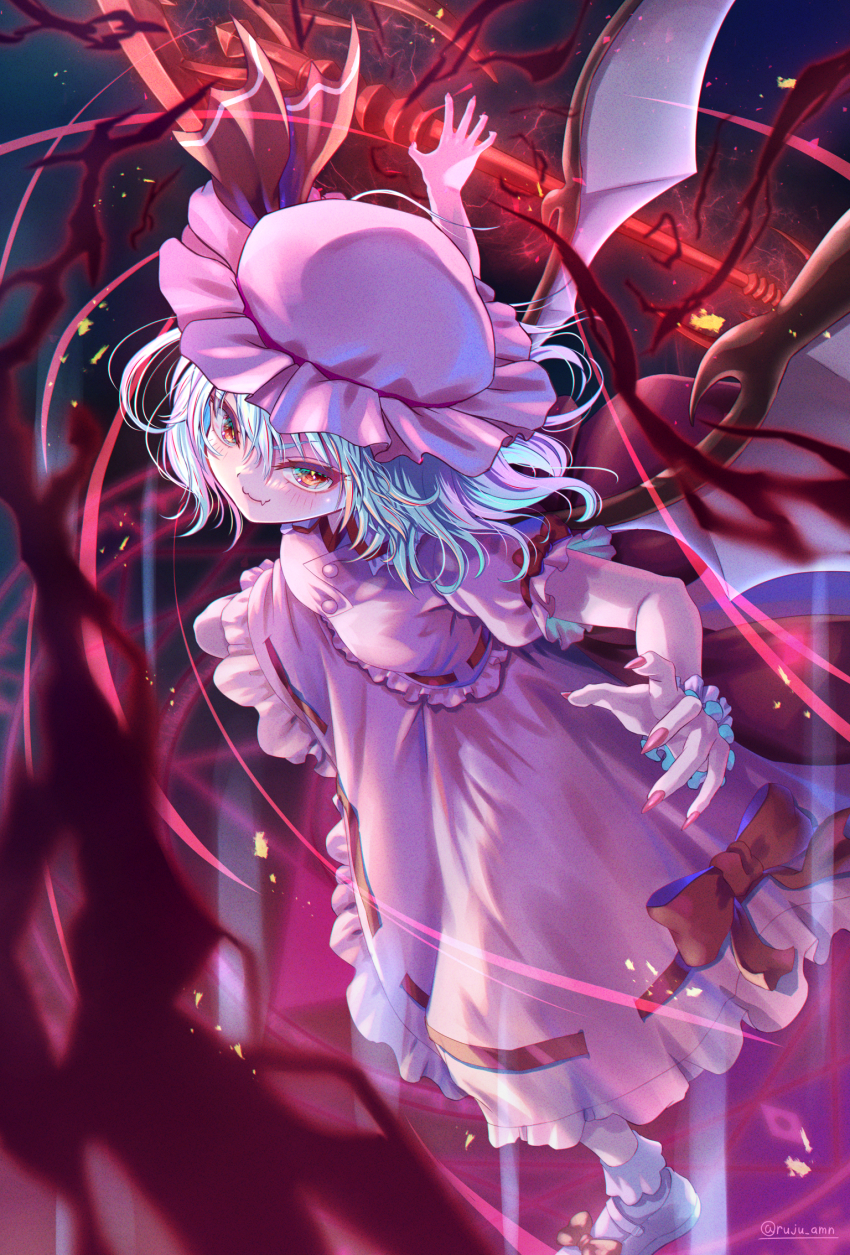 1girl bat_wings blue_hair blush bow breasts closed_mouth commentary fang fang_out fingernails footwear_bow frilled_wrist_cuffs frills full_body hat highres holding holding_polearm holding_weapon long_fingernails long_skirt looking_at_viewer magic medium_breasts mob_cap night pink_hat pink_shirt pink_skirt polearm red_eyes remilia_scarlet ribbon-trimmed_shirt ribbon-trimmed_skirt ribbon_trim rouge_(my_rouge) shirt shoes short_hair short_sleeves skin_fang skirt solo spear_the_gungnir touhou twitter_username weapon white_shoes wings wrist_cuffs