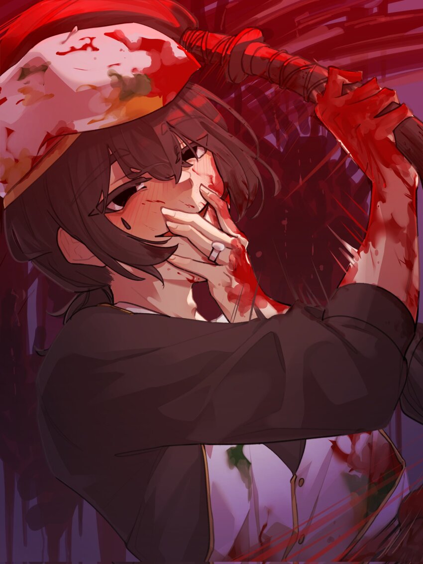 1boy apron beret black_eyes black_hair black_shirt blood blood_on_clothes blood_on_face blood_on_hat blush hat highres holding holding_paintbrush limbus_company long_sleeves low_ponytail open_mouth paint_splatter paintbrush ponytail project_moon ring_(identity)_(project_moon) salgaoli83428 shirt smile solo teardrop_facial_mark upper_body white_apron white_hat yi_sang_(project_moon)
