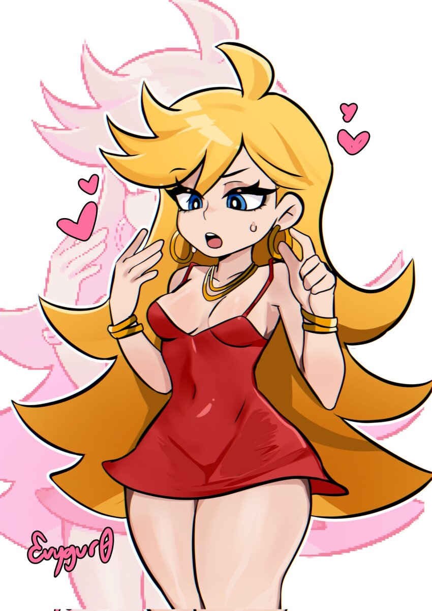1girl blonde_hair blue_eyes breasts dress earrings evygur0 heart highres jewelry long_hair panty_&amp;_stocking_with_garterbelt panty_(psg) red_dress small_breasts solo