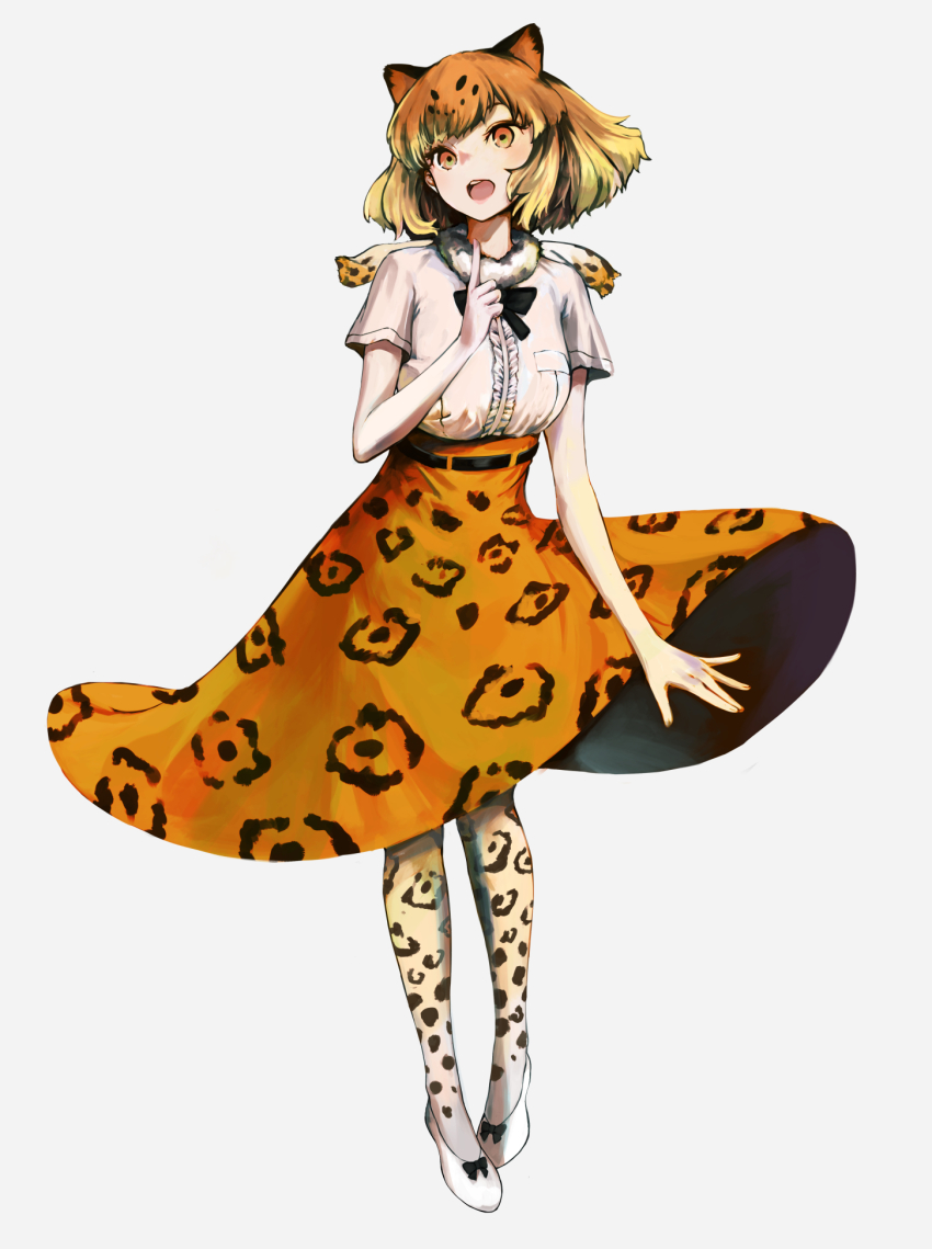 10s 1girl :d animal_ears animal_print belt blonde_hair breasts female_focus full_body highres jaguar_(kemono_friends) leopard_print kemono_friends long_hair open_mouth pantyhose simple_background siva_ryo skirt smile solo teeth white_background yellow_eyes