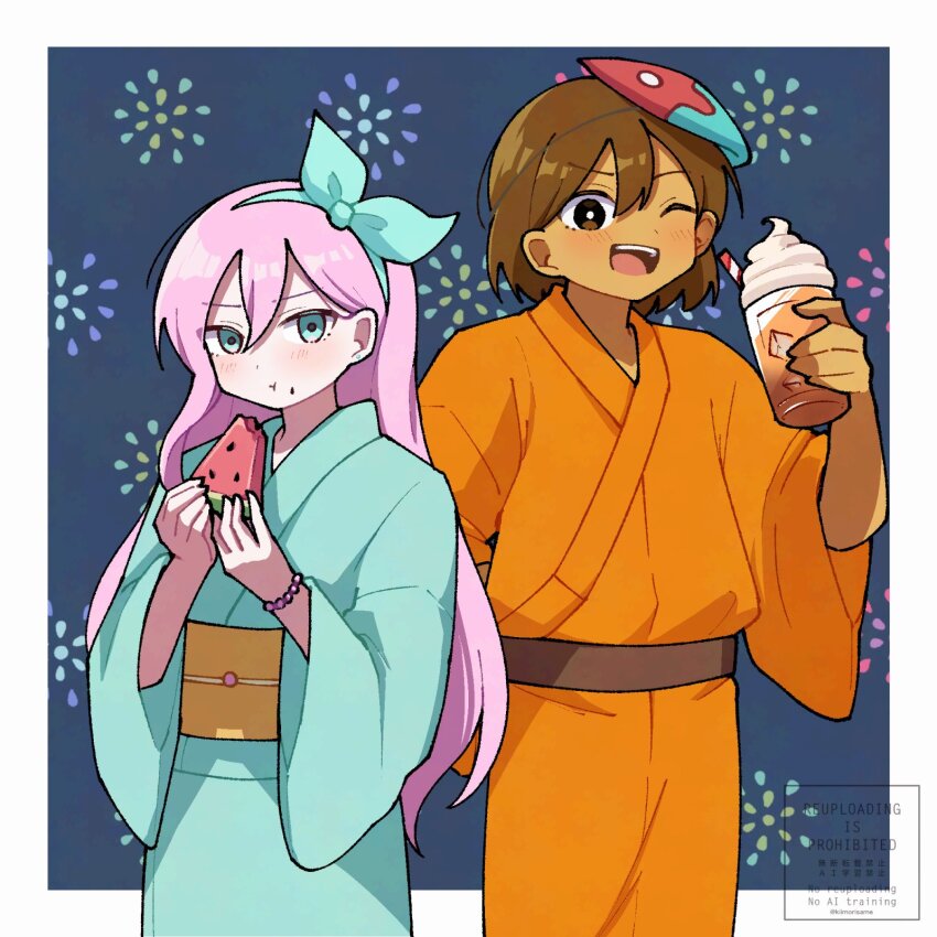 1boy 1girl alternate_costume aubrey_(faraway)_(omori) aubrey_(omori) blue_eyes blue_hairband blue_kimono blush bracelet bright_pupils brown_eyes brown_hair closed_mouth cup dark-skinned_male dark_skin ear_piercing food fruit hairband highres holding holding_cup holding_food japanese_clothes jewelry kel_(faraway)_(omori) kel_(omori) kiimorisame kimono long_hair long_sleeves looking_at_viewer omori open_mouth orange_kimono piercing pink_hair smile teeth upper_teeth_only watermark watermelon watermelon_slice white_pupils