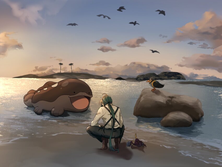 1girl ahoge bird black_pants brown_footwear clodsire cloud commentary_request crabrawler gao_grrrr gen_7_pokemon green_hair highres long_hair nintendo outdoors pants pokemon pokemon_(creature) pokemon_sv rika_(pokemon) sand shirt shoes shore sky squatting suspenders water wattrel