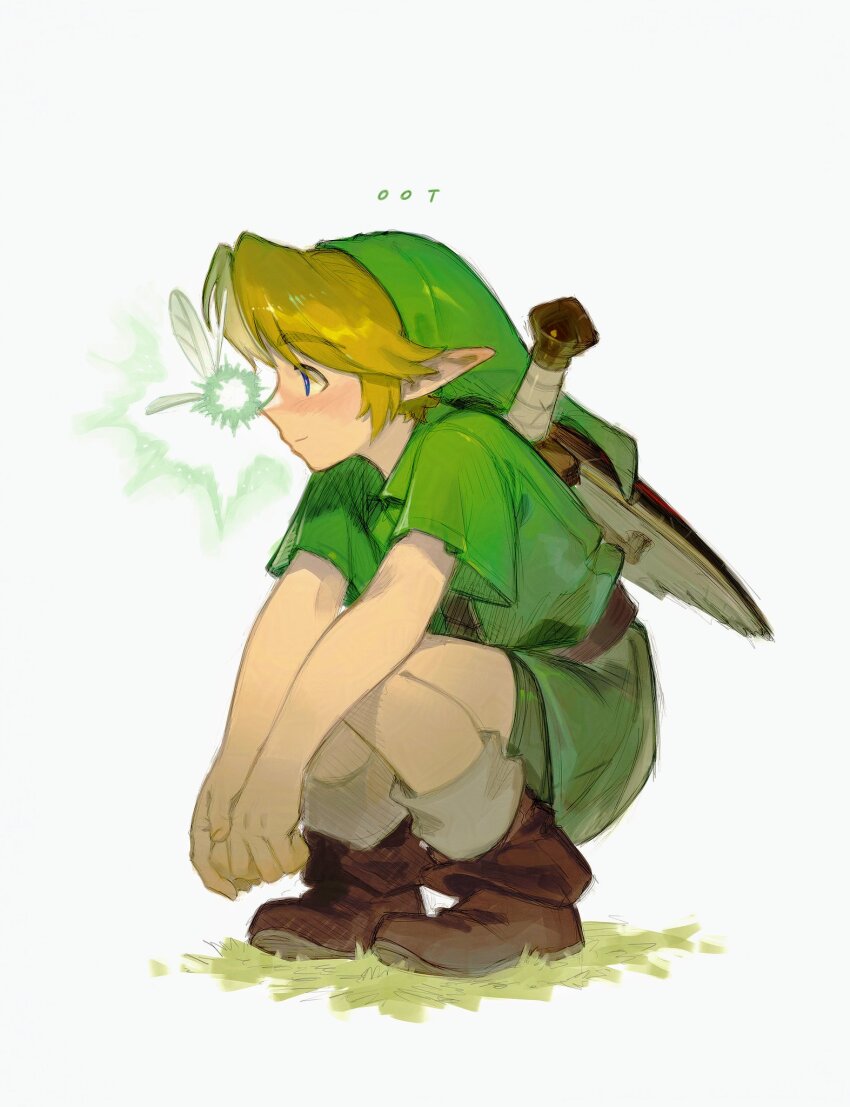 1boy 9twoeight ankle_boots blonde_hair boots brown_boots deku_shield fairy full_body green_shorts green_tunic highres kokiri_sword link navi nintendo pointy_ears profile shield shield_on_back short_sleeves shorts simple_background socks squatting sword sword_on_back the_legend_of_zelda the_legend_of_zelda:_ocarina_of_time tunic weapon weapon_on_back white_background white_socks wooden_shield young_link