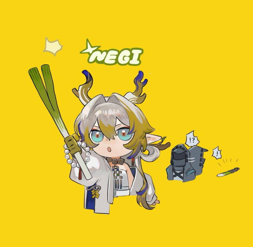 ! !? 1girl 1other :o afterimage arknights bare_shoulders black_hood blonde_hair blue_eyes blue_hair chibi colored_skin cropped_torso doctor_(arknights) dragon_girl dragon_horns earrings eyeliner food grey_hair hair_between_eyes highres holding holding_food holding_spring_onion holding_vegetable horns jacket jewelry long_hair long_sleeves makeup mask multicolored_hair off_shoulder open_clothes open_jacket open_mouth pointy_ears red_eyeliner red_pupils shirt shu_(arknights) sidelocks simple_background solo_focus sparkle spoken_exclamation_mark spoken_interrobang spring_onion strapless strapless_shirt streaked_hair sword tassel tassel_earrings v-shaped_eyebrows vegetable weapon white_jacket white_shirt yellow_background yomotobi