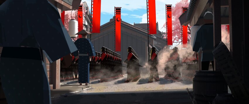 6+boys architecture armor banner battle_standard black_armor blue_eye_samurai blue_kimono cloud cloudy_sky commentary concept_art crowd dirt dust_cloud east_asian_architecture english_commentary from_behind highres japanese_clothes kimono lantern marching multiple_boys netflix official_art paper_lantern red_sleeves red_trim sky soldier too_many war_banner wide_shot yun_ling