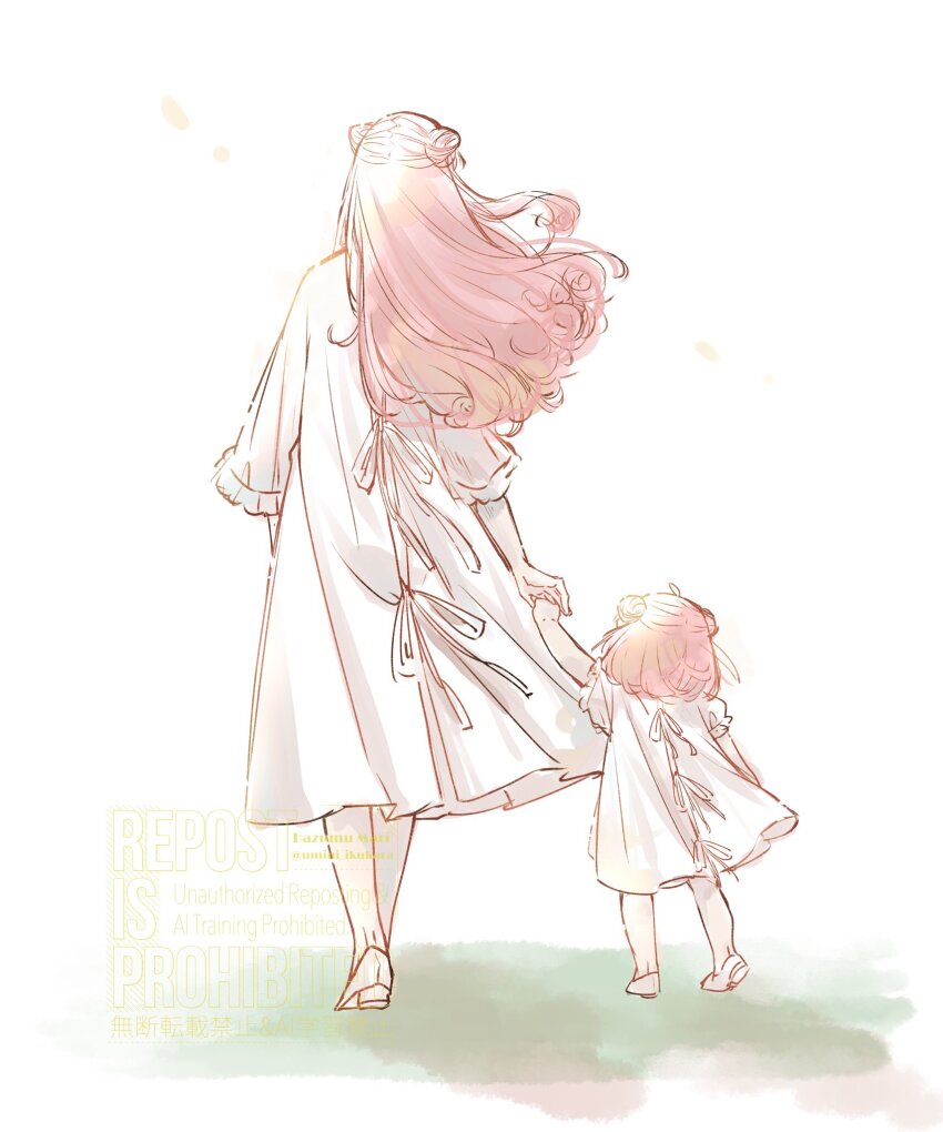 2girls ahoge anya&#039;s_mother_(spy_x_family) anya_(spy_x_family) child double_bun dress facing_away from_behind full_body hair_bun highres holding_hands hospital_gown long_hair mother_and_daughter multiple_girls shoes short_hair sketch spy_x_family umini_ikukara walking white_background white_dress white_shoes