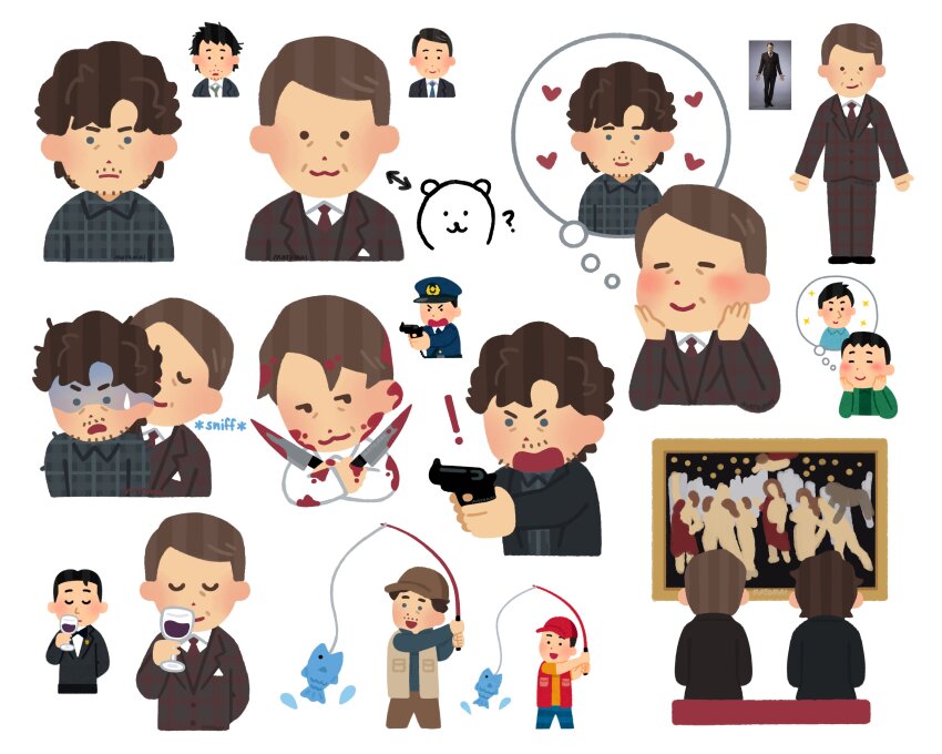 2boys :3 absurdres blood blood_on_clothes blood_on_face bloody_weapon blush brown_hair closed_mouth collared_shirt cup drinking_glass dual_wielding english_text facial_hair fish fishing fishing_rod formal_clothes from_behind frown full_body gun hands_on_own_cheeks hands_on_own_face hannibal_(tv_series) hannibal_lecter heart highres holding holding_cup holding_fishing_rod holding_gun holding_knife holding_weapon irasutoya knife long_sleeves looking_at_viewer mads_mikkelsen male_focus matomai mifune_takashi_(style) multiple_boys multiple_views necktie open_mouth painting_(object) photo-referenced red_necktie reference_inset shaded_face shirt simple_background sitting smelling smile sound_effects speech_bubble stubble suit sweatdrop thought_bubble upper_body weapon white_background white_shirt will_graham wine_glass