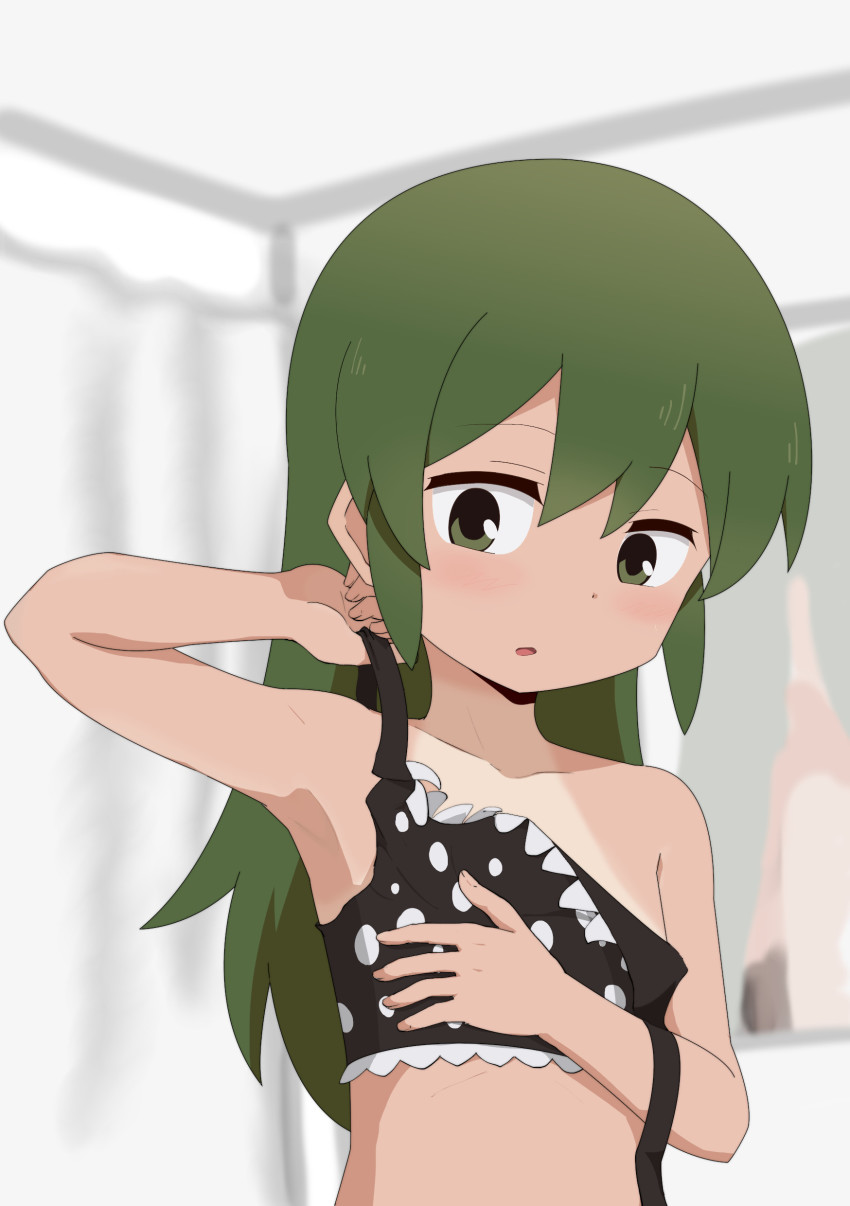 1girl absurdres armpits bikini gobanme_no_mayoi_neko green_eyes green_hair highres igarashi_futaba long_hair polka_dot polka_dot_bikini senpai_ga_uzai_kouhai_no_hanashi solo swimsuit tan tanline upper_body