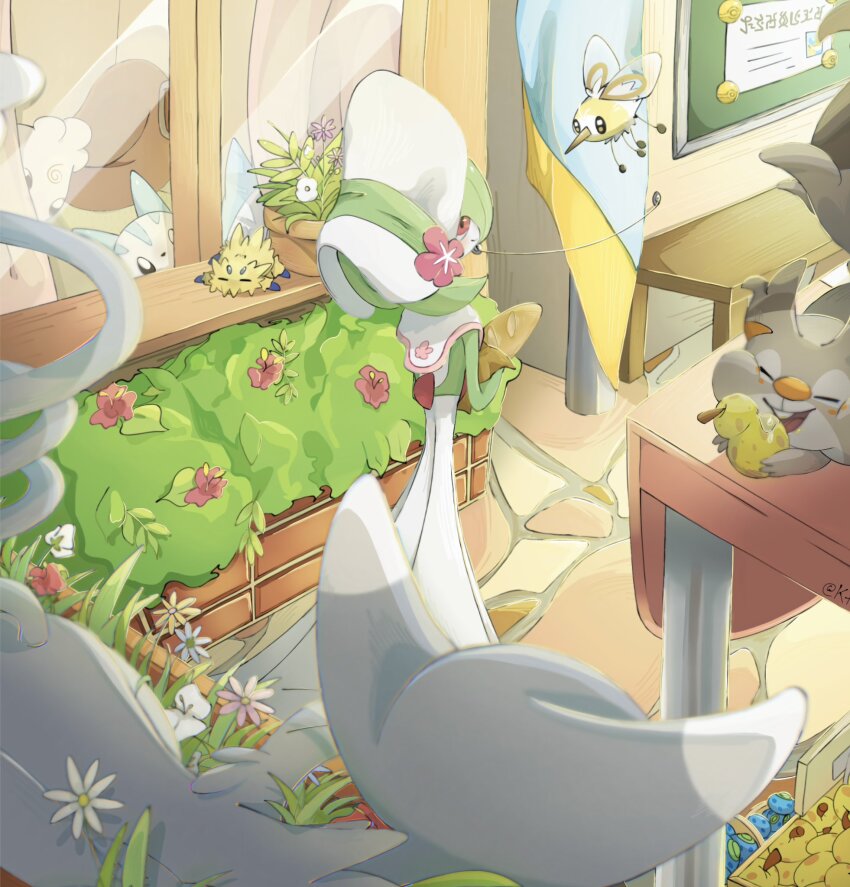 bench bread bulletin_board cutiefly dress flower food gardevoir gardevoir_(fashionable) gen_2_pokemon gen_3_pokemon gen_4_pokemon gen_5_pokemon gen_7_pokemon gen_8_pokemon glameow green_hair hat hat_flower highres igglybuff joltik ktbr_2 loaf_of_bread nintendo pachirisu plant pokemon pokemon_(creature) pokemon_unite potted_plant skwovet smile two-tone_fur white_dress window