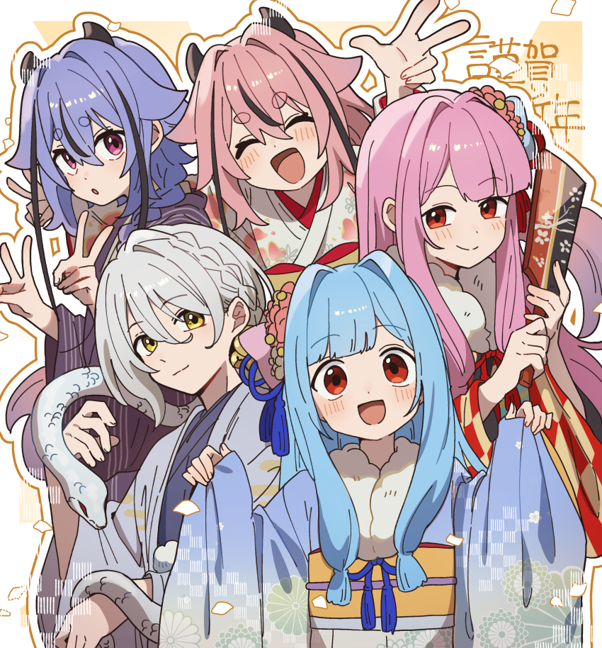 2boys 3girls absurdres antenna_hair black_hair blue_hair blue_kimono blush closed_eyes commentary_request corn_kuten double_v fur-trimmed_kimono fur_trim gynoid_talk hagoita hair_ornament hands_up highres horns iori_yuzuru japanese_clothes kikumon kimono kotonoha_akane kotonoha_aoi long_sleeves looking_at_viewer low-tied_sidelocks meika_hime meika_mikoto multicolored_hair multiple_boys multiple_girls obi open_mouth paddle pink_eyes pink_hair print_kimono purple_kimono sash short_hair sidelocks smile snake streaked_hair thick_eyebrows two-tone_background upper_body v vocaloid voiceroid white_background white_hair wide_sleeves yellow_background yellow_eyes