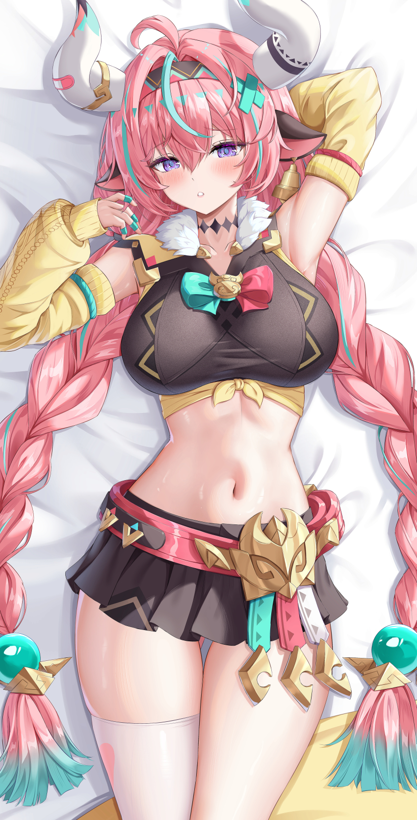 1girl absurdres ahoge animal_ears aqua_hair bare_shoulders bell bell_earrings belt black_skirt black_sports_bra braid breasts commentary cow_ears cow_girl cow_horns cropped_vest detached_sleeves dokimaru earrings genshin_impact hairband highres horns jewelry large_breasts long_hair looking_at_viewer low_twin_braids miniskirt multicolored_hair navel parted_lips pink_hair purple_eyes single_thighhigh skirt solo sports_bra streaked_hair thighhighs thighs twin_braids varesa_(genshin_impact) vest white_thighhighs yellow_vest