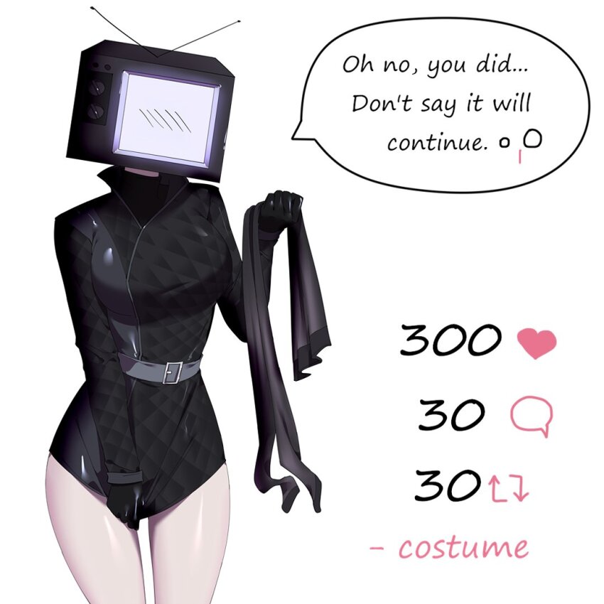 belt black_coat black_gloves black_jacket black_pantyhose blush breasts coat commentary cowboy_shot english_commentary english_text facing_viewer fash gloves grey_belt heart holding holding_unworn_clothes jacket large_breasts long_sleeves object_head pantyhose patterned_clothing pulling_own_clothes shiny_clothes shiny_skin simple_background skibidi_toilet_(series) speech_bubble standing television tv_woman_(skibidi_toilet) twitter_strip_game unworn_pantyhose white_background