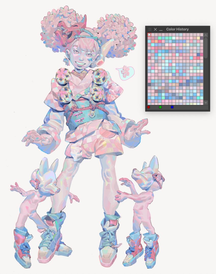 1girl 2boys arms_at_sides ball bare_legs black_eyes blue_footwear blue_sash blunt_bangs checkered_clothes checkered_shirt checkered_shorts color_guide covered_face double_bun flower-shaped_hair fold-over_collar fortisselle fox_mask full_body grin hair_bun highres holographic_clothing japanese_clothes layered_sleeves long_sleeves looking_ahead mask mask_on_head mini_person miniboy multicolored_footwear multiple_boys no_genitals nude original pastel_colors pink_shirt pink_shorts red_footwear red_mask sanpaku sash shirt shoes short_over_long_sleeves short_sleeves shorts side-by-side simple_background size_difference smile sneakers temari_ball white_background white_footwear white_mask